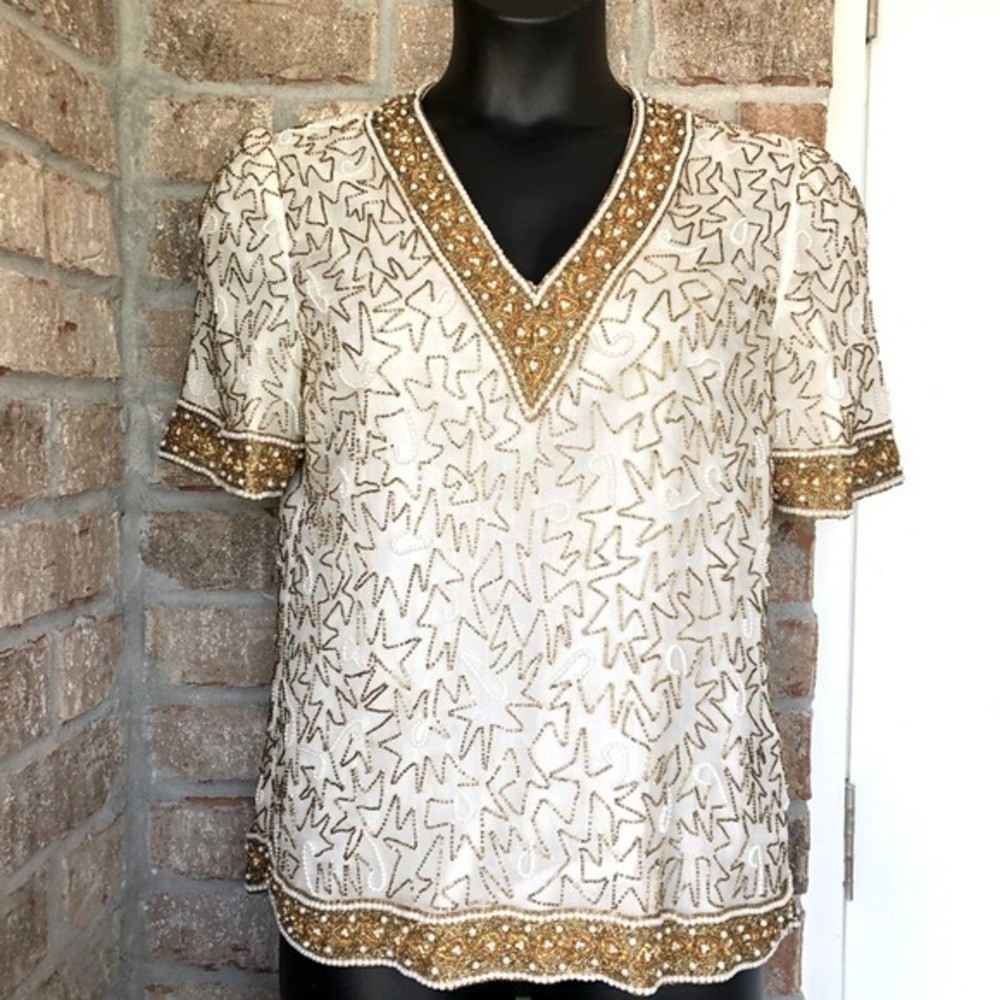 Vintage Laurence Kazar Silk Beaded Sequined Top